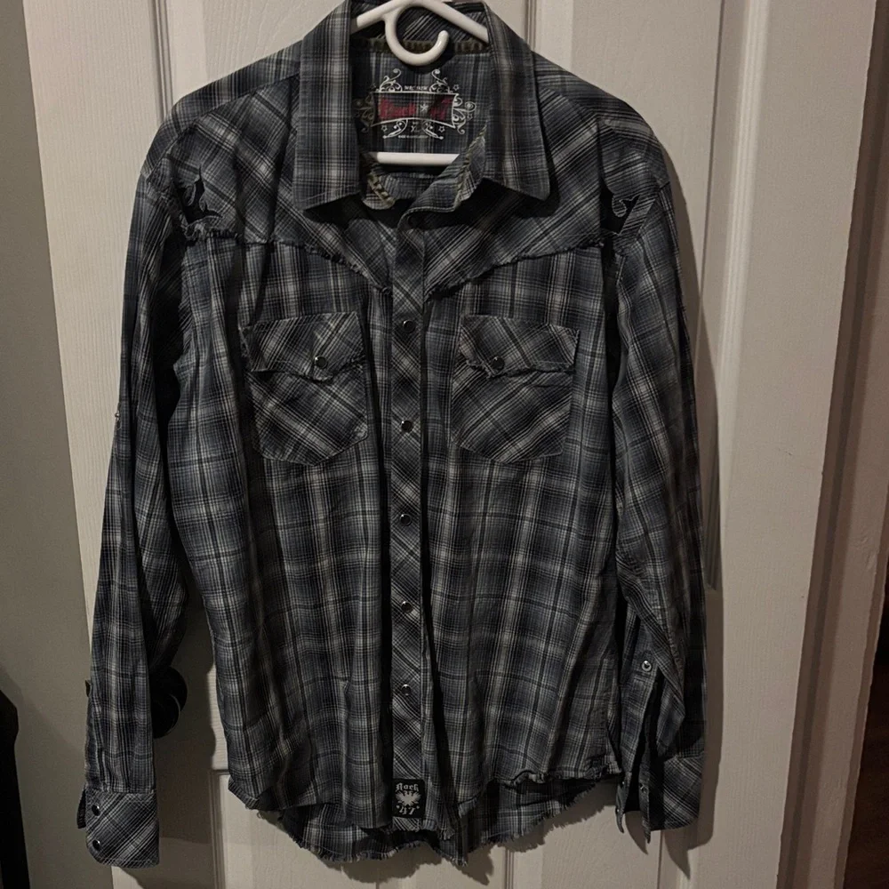 Rock 47 Men's Blue Plaid Casual Button Down Shirt - Picture 2 of 6